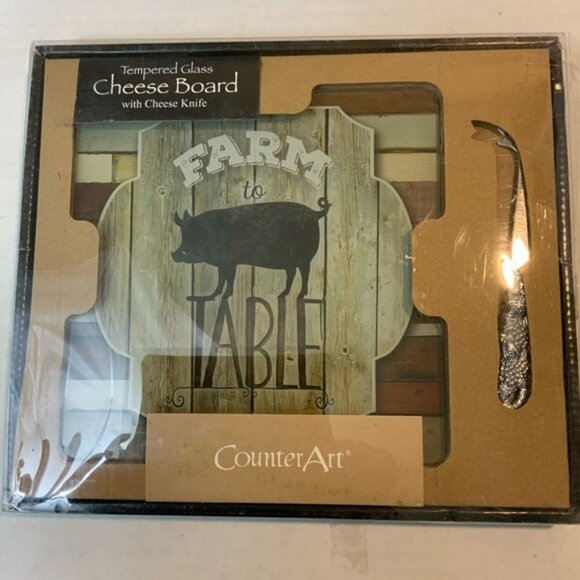 Glass Cheese Cutting Serve Board CounterArt Farmhouse Set with Knife - Picture 3 of 10